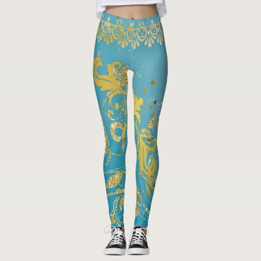 Girly Blauwgroen Glitter Gold Ombre Blue Leggings (Voorkant)