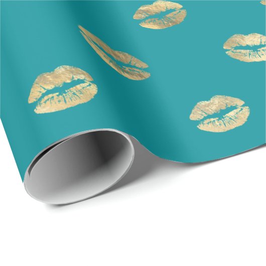 Girly Blauwgroen Gold Kiss Lips Pattern Cadeaupapier (Rol Hoek)