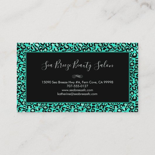 Girly Blauwgroen Green Leopard Spots Chic Black Mo Visitekaartje (Achterkant)