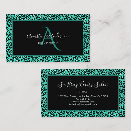 Girly Blauwgroen Green Leopard Spots Chic Black Mo Visitekaartje (Voorkant / Achterkant)