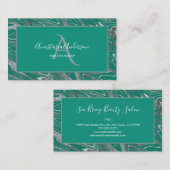 Girly Blauwgroen Green Silver Marble Glitter Monog Visitekaartje (Voorkant / Achterkant)