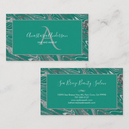 Girly Blauwgroen Green Silver Marble Glitter Monog Visitekaartje (Voorkant / Achterkant)