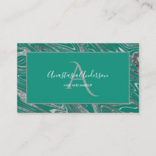 Girly Blauwgroen Green Silver Marble Glitter Monog Visitekaartje