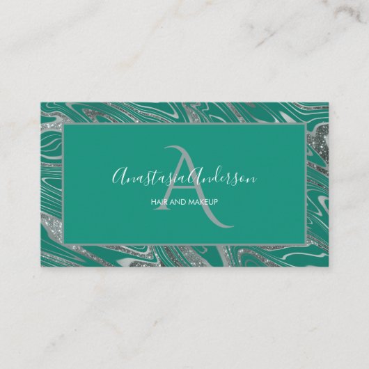 Girly Blauwgroen Green Silver Marble Glitter Monog Visitekaartje (Voorkant)