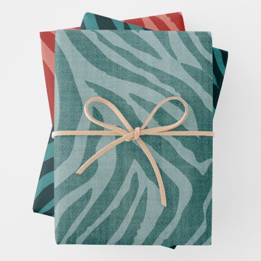Girly Blauwgroen Groen Rood Zebra Print Inpakpapier Vel (In situ)