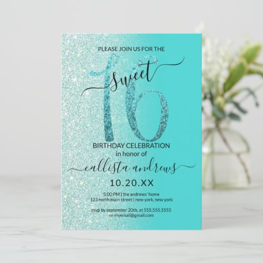 Girly Blauwgroen Mint Green Glitter Ombre Sweet 16 Kaart (Staand voorkant)