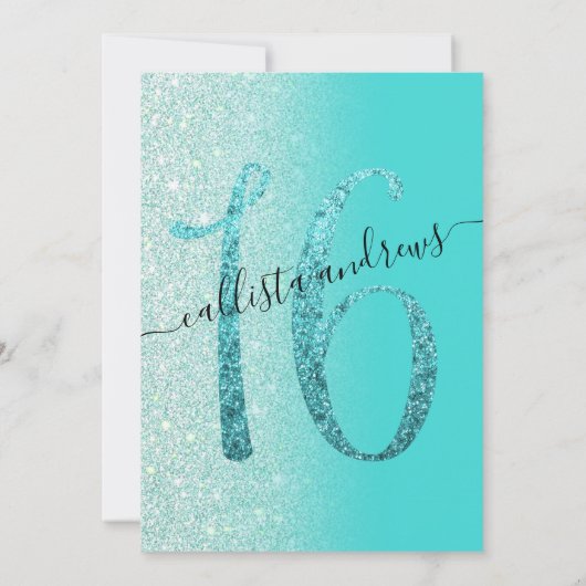 Girly Blauwgroen Mint Green Glitter Ombre Sweet 16 Kaart (Achterkant)