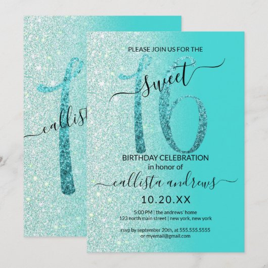 Girly Blauwgroen Mint Green Glitter Ombre Sweet 16 Kaart (Voorkant / Achterkant)