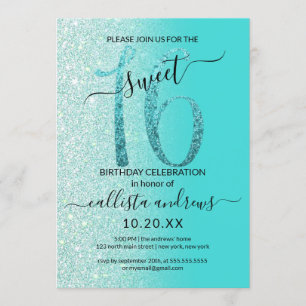 Girly Blauwgroen Mint Green Glitter Ombre Sweet 16 Kaart