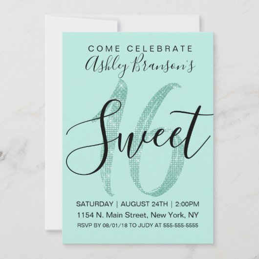 Girly Blauwgroen Mint Green Sequin Glitter Sweet 1 Kaart (Voorkant)