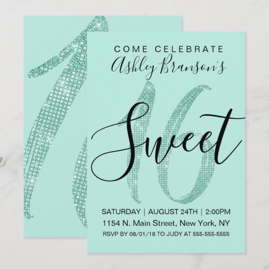 Girly Blauwgroen Mint Green Sequin Glitter Sweet 1 Kaart (Voorkant / Achterkant)