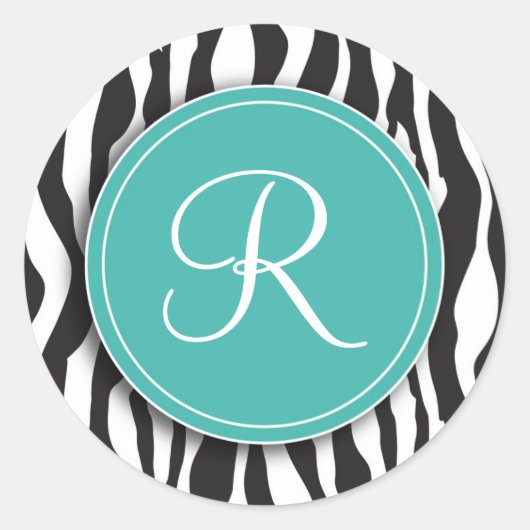 Girly Blauwgroen Monogram Zebra Print Stickers (Voorkant)