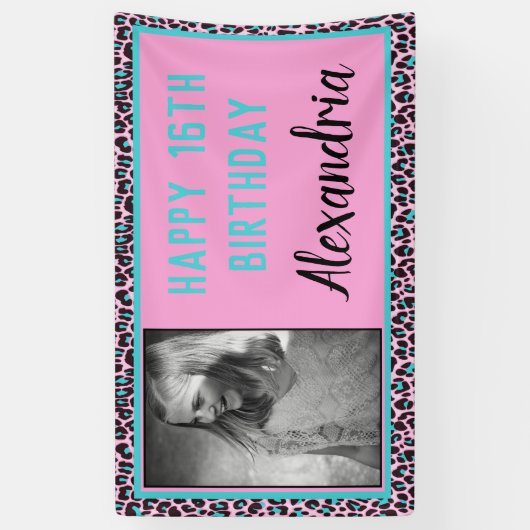 Girly Blauwgroen/Roze Luipaard Print Sweet 16 Verj Spandoek (Verticaal)