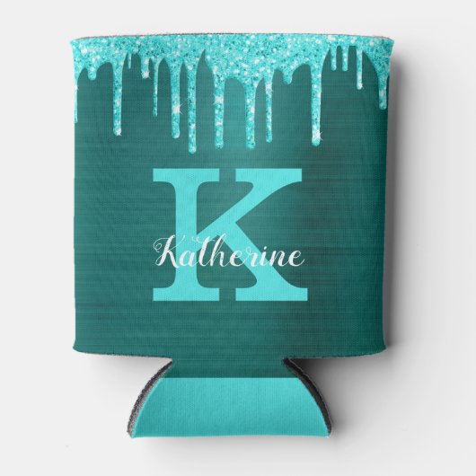 Girly Blauwgroen Turquoise Glitter Drives Monogram Blikjeskoeler (Voorkant)
