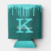 Girly Blauwgroen Turquoise Glitter Drives Monogram Blikjeskoeler (Achterkant)