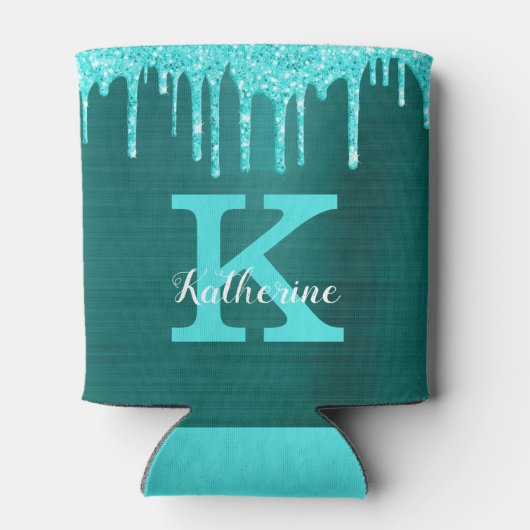 Girly Blauwgroen Turquoise Glitter Drives Monogram Blikjeskoeler (Achterkant)