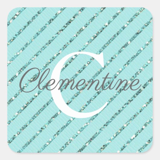 Girly Blauwgroen Turquoise Glitter Stripes Monogra Vierkante Sticker (Voorkant)