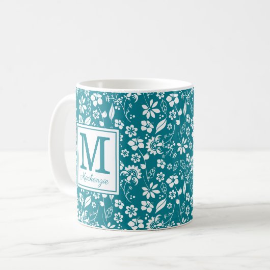 Girly Blauwgroen Turquoise Tropical Flowers Monogr Koffiemok (Voorkant links)