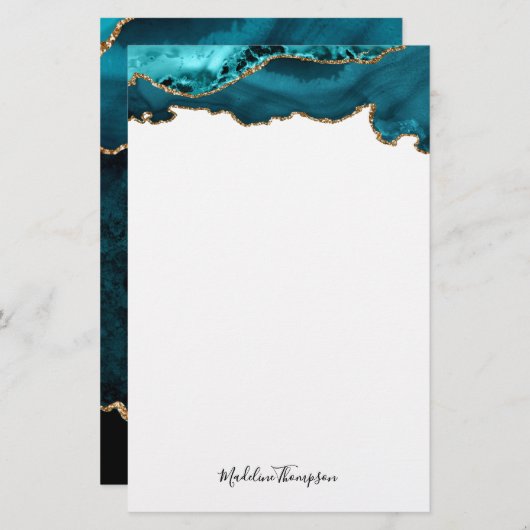Girly Blauwgroen Velvet Agate Geode Script Typogra Briefpapier (Voorkant / Achterkant)