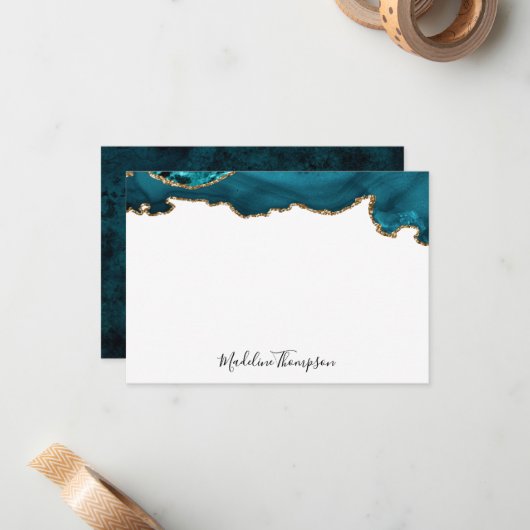 Girly Blauwgroen Velvet Agate Geode Script Typogra Notitiekaartje (Voorkant / Achterkant in situ)