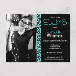 Girly Blauwgroen/Zwarte Luipaard Foto Sweet 16 Inv Briefkaart