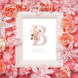 Girly Bleek Roos Gold Glitter Floral Monogram B Poster