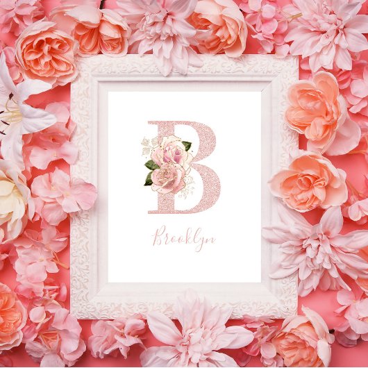 Girly Bleek Roos Gold Glitter Floral Monogram B Poster