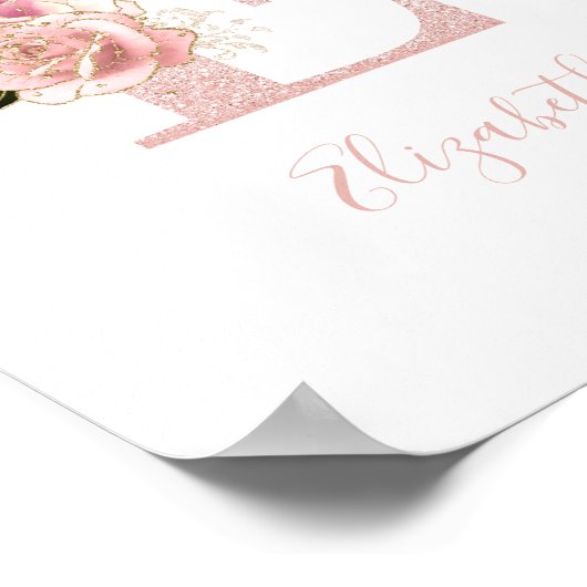Girly Bleek Roos Gold Glitter Floral Monogram E Poster (Hoek)