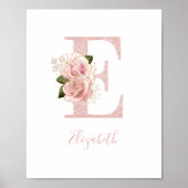 Girly Bleek Roos Gold Glitter Floral Monogram E Poster (Voorkant)