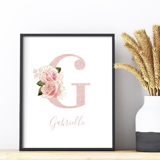 Girly Bleek Roos Gold Glitter Floral Monogram G Poster