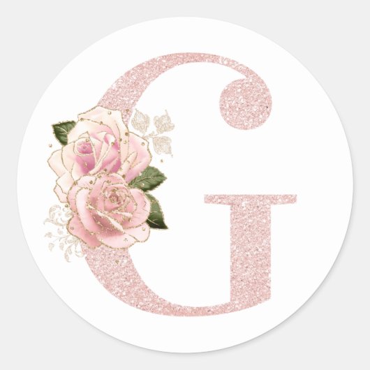 Girly Bleek Roos Gold Glitter Floral Monogram G Ronde Sticker (Voorkant)