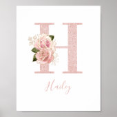 Girly Bleek Roos Gold Glitter Floral Monogram H Poster (Voorkant)