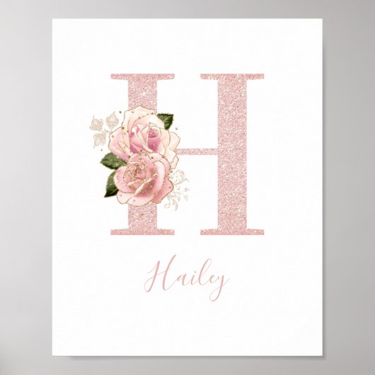 Girly Bleek Roos Gold Glitter Floral Monogram H Poster (Voorkant)