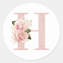 Girly Bleek Roos Gold Glitter Floral Monogram H Ronde Sticker