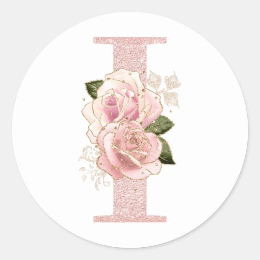 Girly Bleek Roos Gold Glitter Floral Monogram I Ronde Sticker (Voorkant)