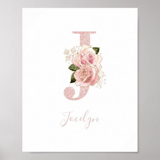 Girly Bleek Roos Gold Glitter Floral Monogram J Poster (Voorkant)