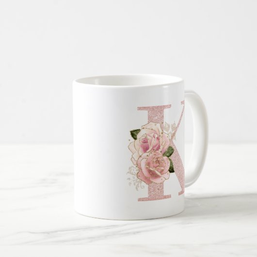 Girly Bleek Roos Gold Glitter Floral Monogram K Koffiemok (Voorkant rechts)