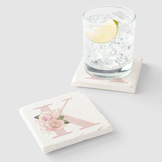 Girly Bleek Roos Gold Glitter Floral Monogram K Stenen Onderzetter (Zijkant)