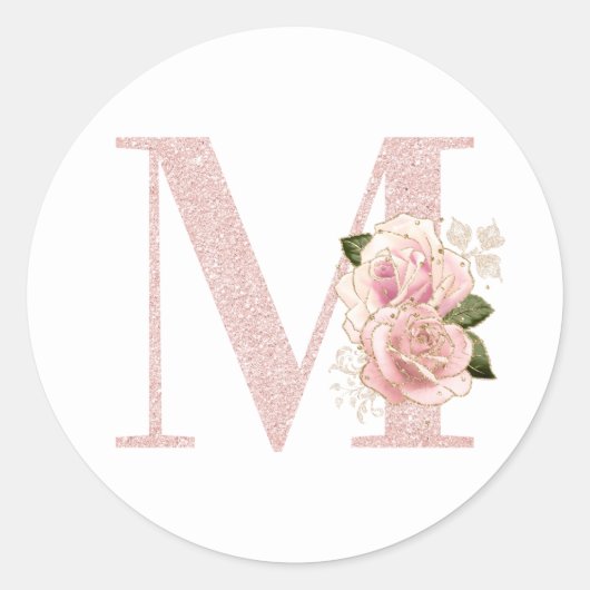 Girly Bleek Roos Gold Glitter Floral Monogram M Ronde Sticker (Voorkant)