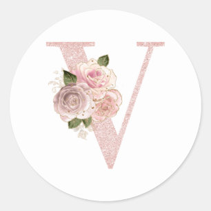 Girly Bleek Roos Gold Glitter Floral/Monogram Ronde Sticker