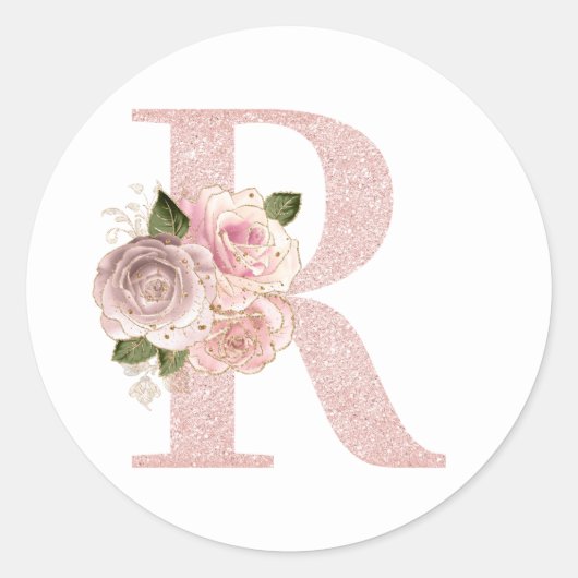 Girly Bleek Roos Gold Glitter Floral R Monogram Ronde Sticker (Voorkant)