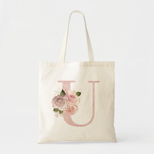 Girly Bleek Roos Gold Glitter Floral U Monogram Tote Bag (Voorkant)