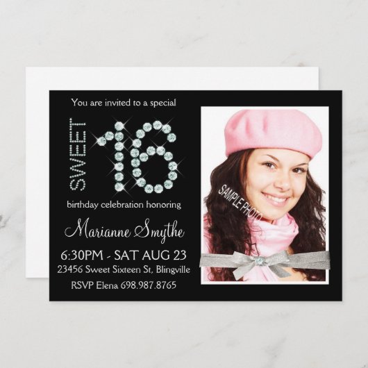 Girly Bling Diamond en Silver Glitter Sweet 16 Kaart (Voorkant / Achterkant)