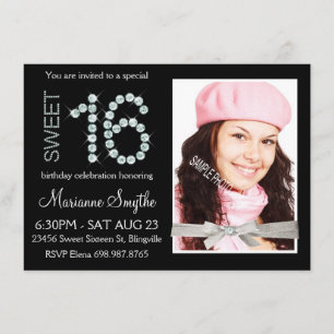 Girly Bling Diamond en Silver Glitter Sweet 16 Kaart