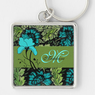 Girly Bloemblauw en Groen Monogrammed Sleutelhanger