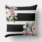 Girly bloemen Monogram Zwart Wit Gestreept Kussen (Achterkant)