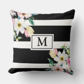 Girly bloemen Monogram Zwart Wit Gestreept Kussen (Voorkant)