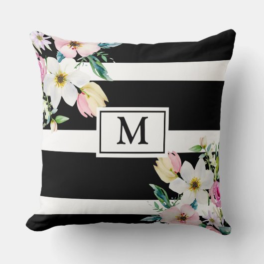 Girly bloemen Monogram Zwart Wit Gestreept Kussen (Voorkant)