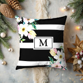 Girly bloemen Monogram Zwart Wit Gestreept Kussen