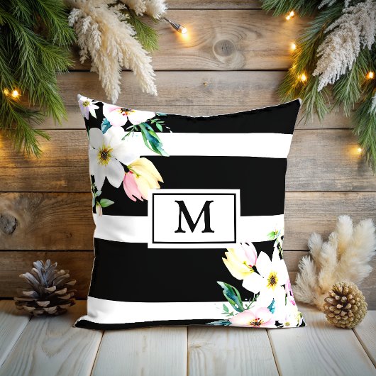 Girly bloemen Monogram Zwart Wit Gestreept Kussen